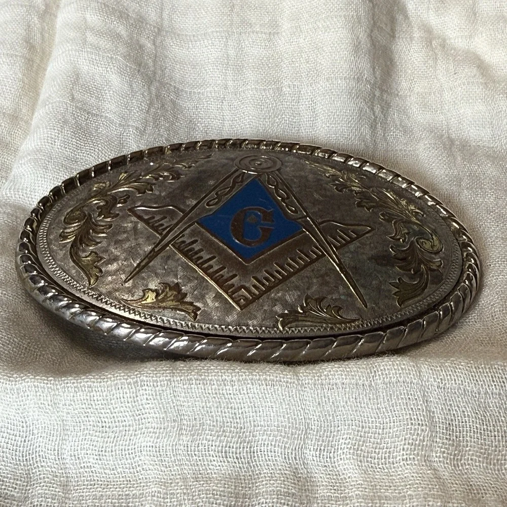 VTG Masonic Belt Buckle Freemason Square Compasses Blue Enamel Western Made USA
